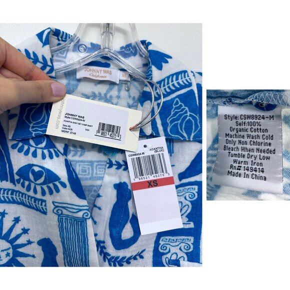 NWT Johnny Was Acantha Easy Set Camp Shirt Calliope Blue Greek Mermaid XS - Picture 3 of 10